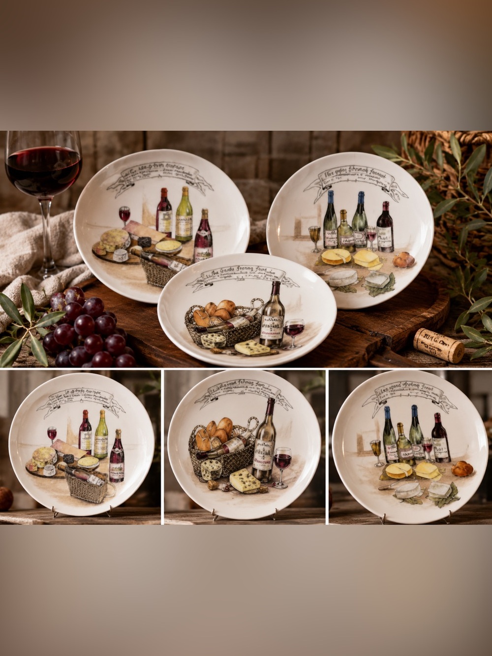 Vintage Wine & Cheese Dessert Plates Set of 3 | French Bistro Kitchen Décor
